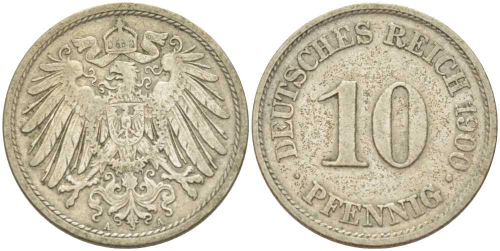 Германия 10 пфеннигов 1900 A KM 12, J. 13, Weege 8 медно-никель 261-1354