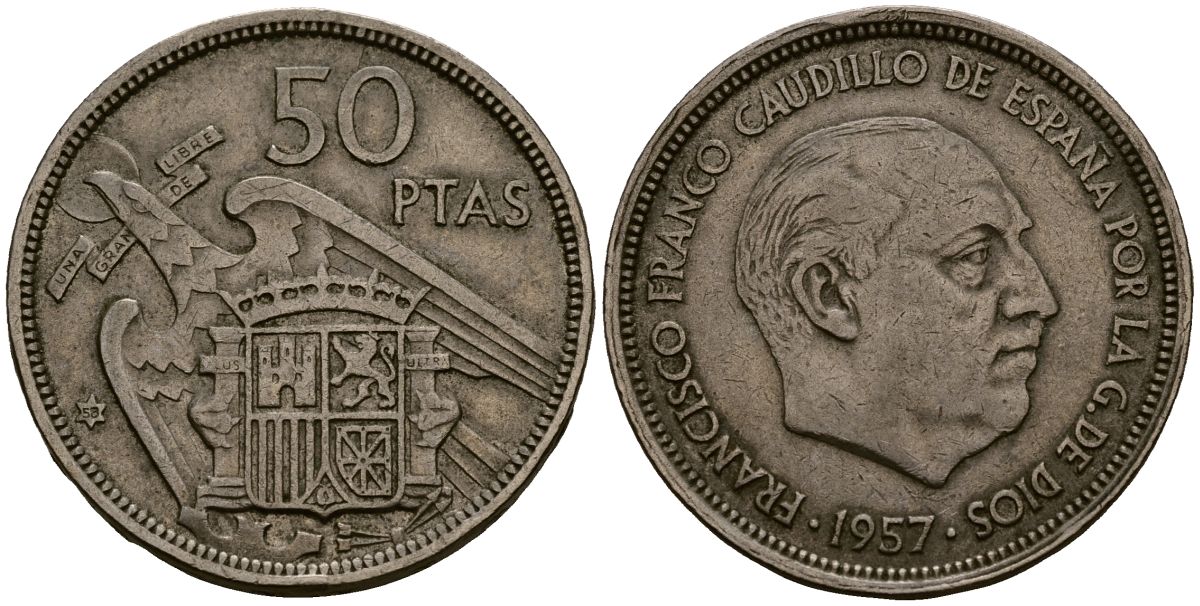 Испания 50 песет 1957 Франсиско Франко (1939 - 1975) KM 788 медно-никель 4168-1015