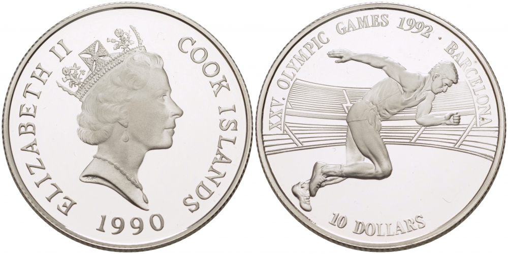 Острова Кука 10 долларов 1990 XXV летние Олимпийские игры в Барселоне 1992 года, бег KM 79 серебро PROOF 1082-3-45