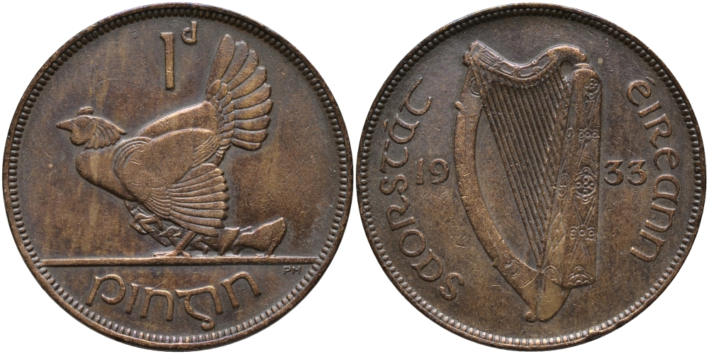 Ирландия 1 пенни 1933 курица с цыплятами KM 3 бронза 650-1642