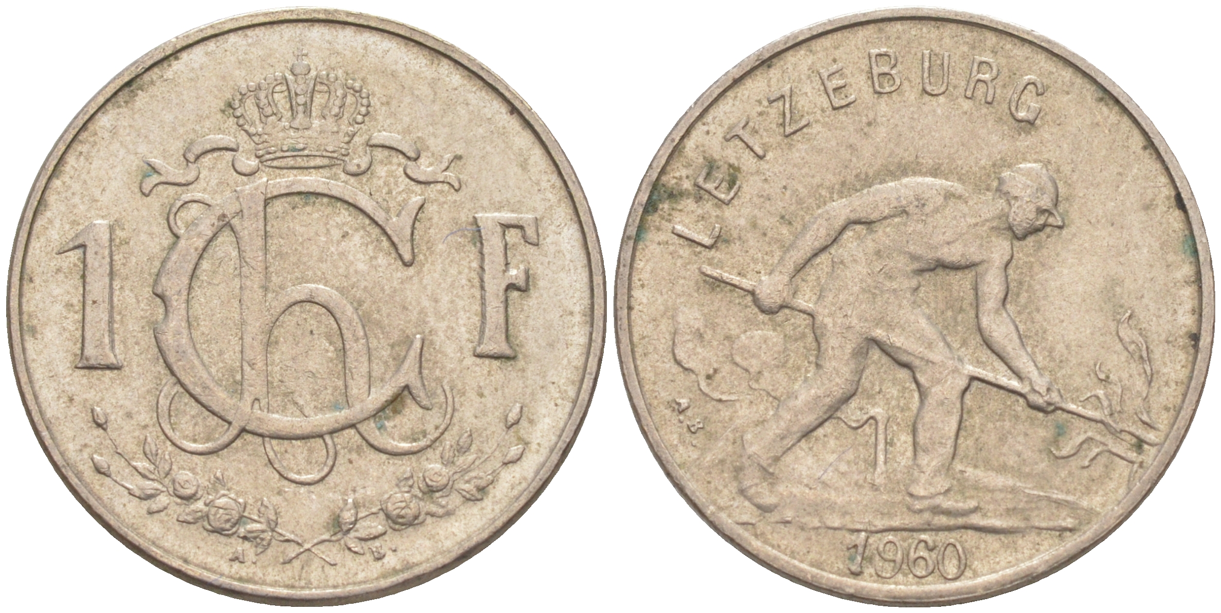 Люксембург 1 франк 1960 сталевар KM 46.2 медно-никель 212-1116