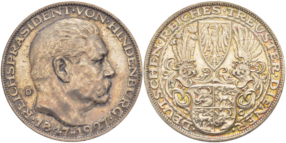 Германия медаль 1927 80 лет со дня рождения Гинденбурга, гравер Гетц, 24,9 гр, 36 мм серебро 00-000