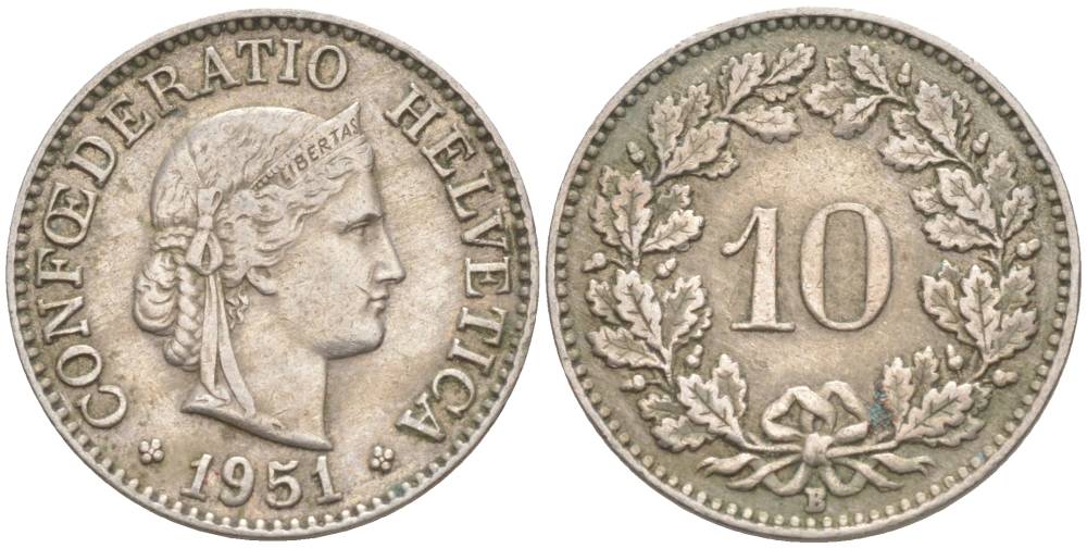 ШВЕЙЦАРИЯ 10 РАППЕНОВ 1951 В KM 27 медно-никель 55-233