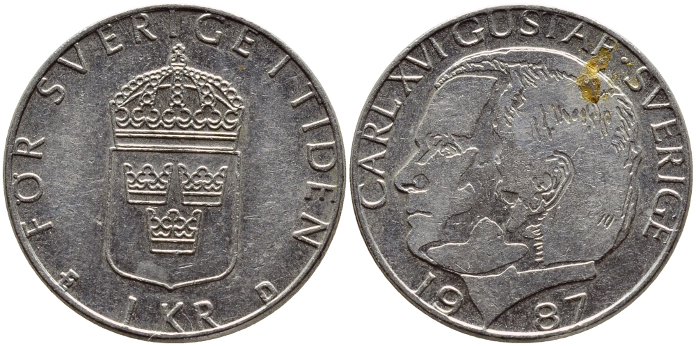 Швеция 1 крона 1987 Карл XVI Густав (1973- ) KM 852a медно-никель 4397-1153