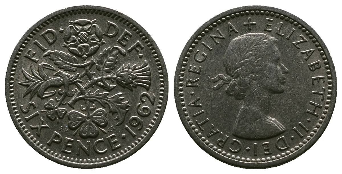 Великобритания 6 пенсов 1962 Елизавета II (1952-2022) KM 903, Spink 4149 медно-никель 4381-747