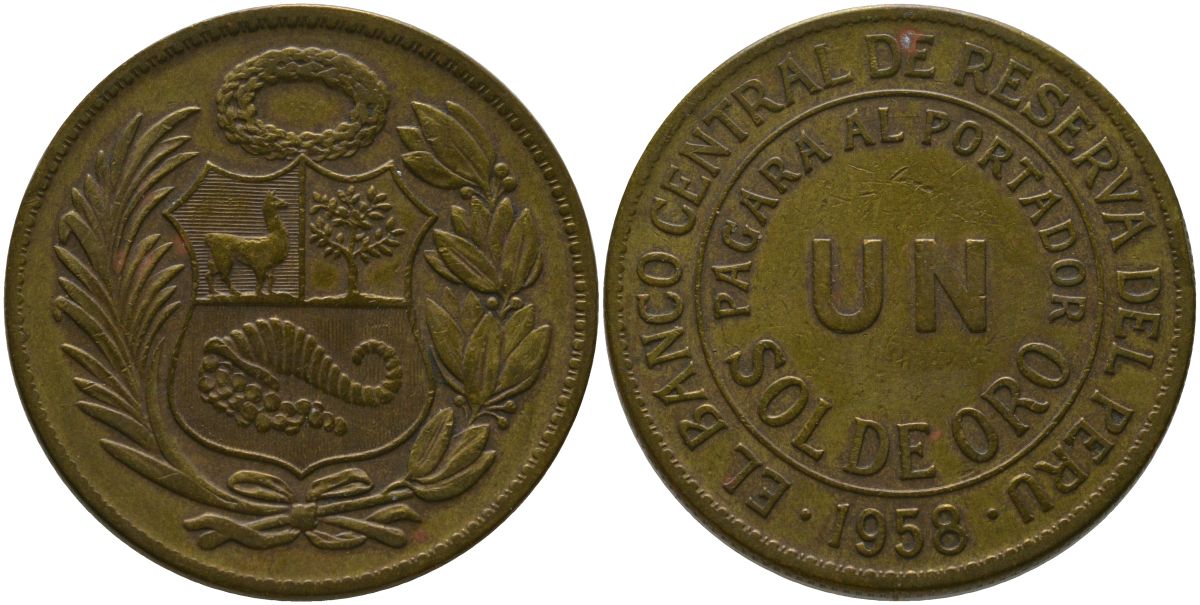 Перу 1 соль 1958 KM 222, Schon 24 латунь 4565-344