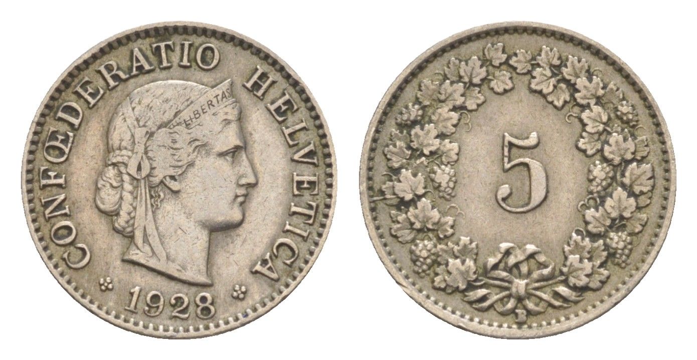 Швейцария 5 раппенов 1928 B KM 26 медно-никель 4630-1125