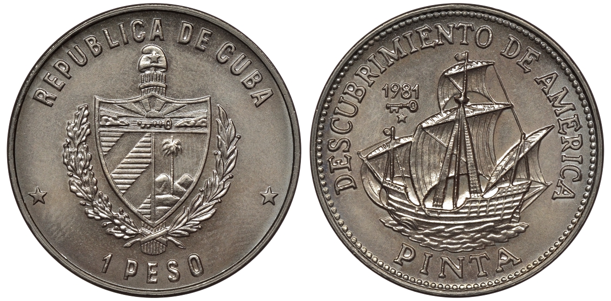 Куба 1 песо 1981 500 лет открытию Америки - "Пинта" KM 67 медно-никель  BU   4557-934