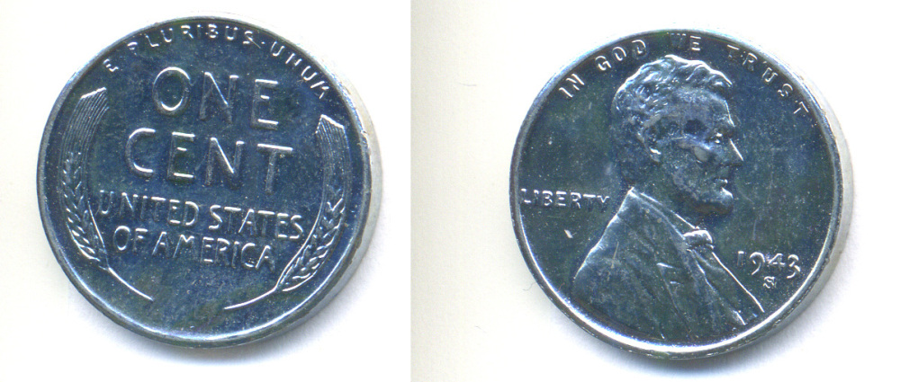 США 1 цент 1943 S (Сан-Франциско), Авраам Линкольн KM 132a сталь плакированная цинком 4392-721