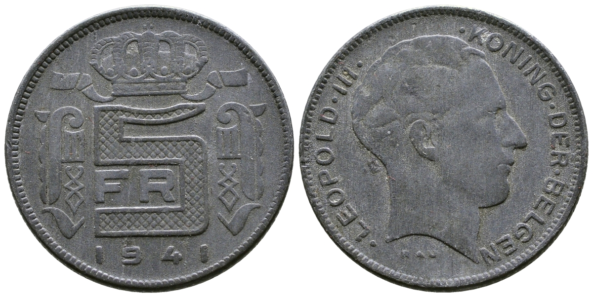 БЕЛЬГИЯ 5 ФРАНКОВ 1941 BELGEN, ГЕРМАНСКАЯ ОККУПАЦИЯ , ВТОРАЯ МИРОВАЯ ВОЙНА KM 130 цинк 179-827