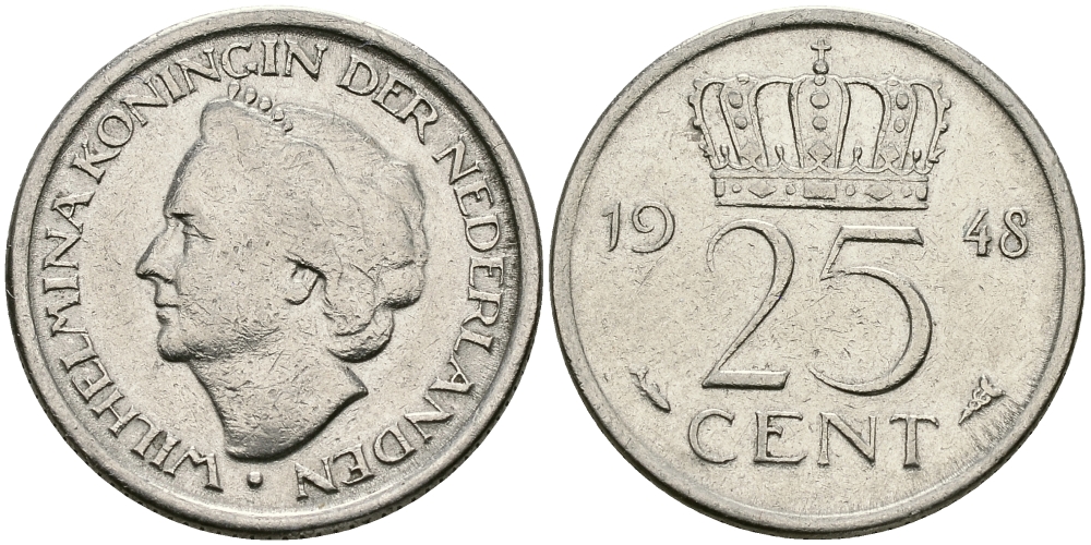 НИДЕРЛАНДЫ 25 ЦЕНТОВ 1948 ВИЛЬГЕЛЬМИНА KM 178 никель 46-1921