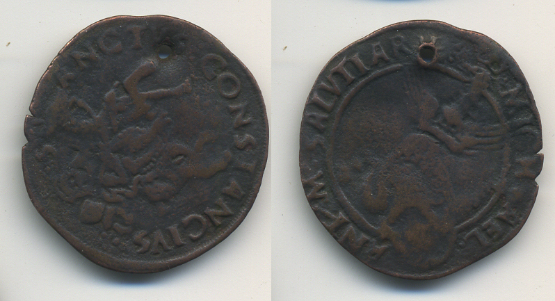 ИТАЛИЯ ЖЕТОН 1504-1528 ПОДДЕЛКА ЗНАК МИХЕЛЯ АНТОНИО МАРКИЗА САЛУЦЦО КАРМАНЬОЛА, С ОТВЕРСТИЕМ бронза 46-1246