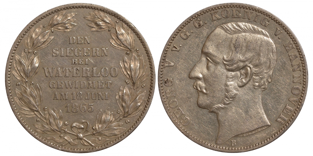 Брауншвейг-Каленберг-Ганновер 1 талер 1865 50 лет битве при Ватерлоо, монета для ветеранов KM 241, AKS. 160, Dav. 684, Kahnt 240, Thun 176 серебро 10-014-32
