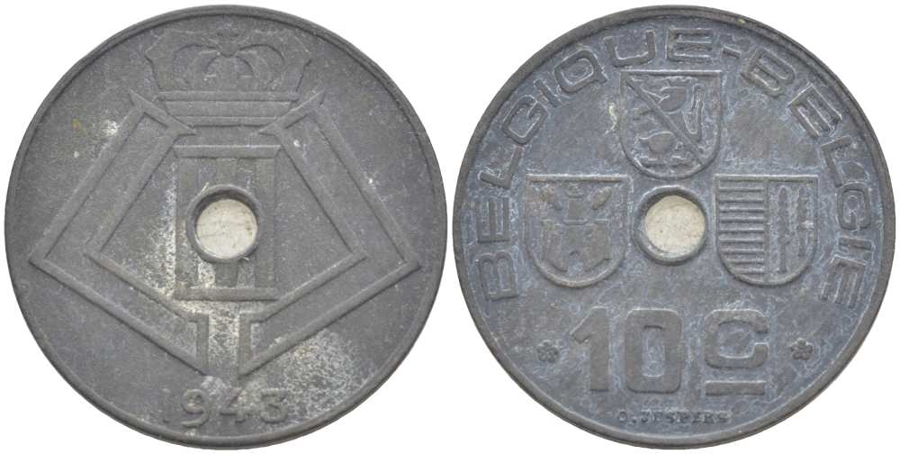 БЕЛЬГИЯ 10 САНТИМОВ 1943 BELGIQUE-BELGIE, ГЕРМАНСКАЯ ОККУПАЦИЯ, ВТОРАЯ МИРОВАЯ ВОЙНА KM 125 цинк 217-132