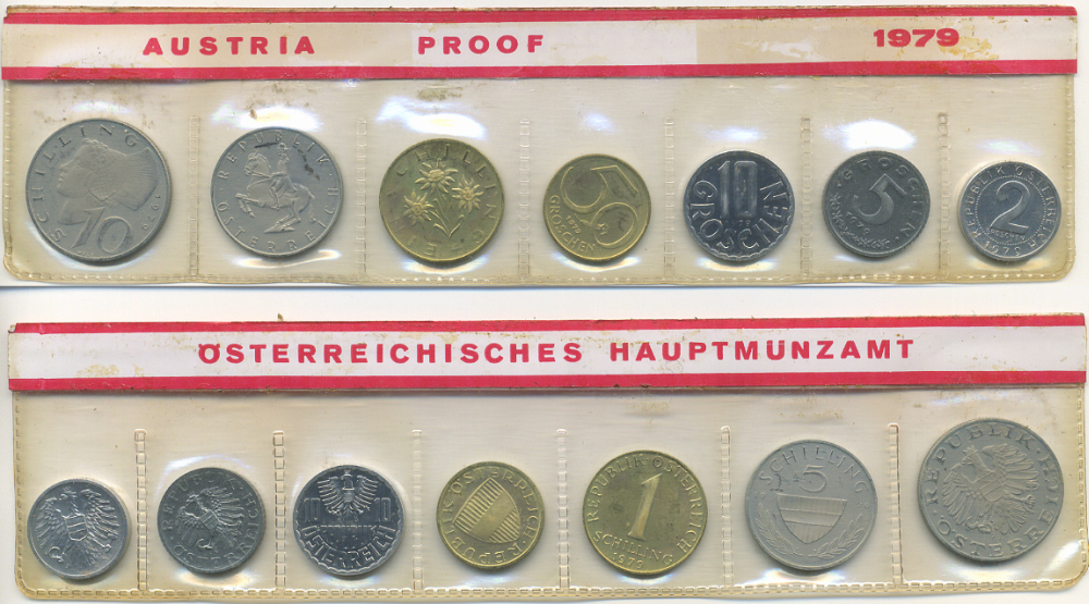 Австрия набор из 7 монет  1979  2, 5, 10, 50 грошей, 1, 5, 10 шиллингов, в целлофане KM PS 39 PROOF 4399-7-2