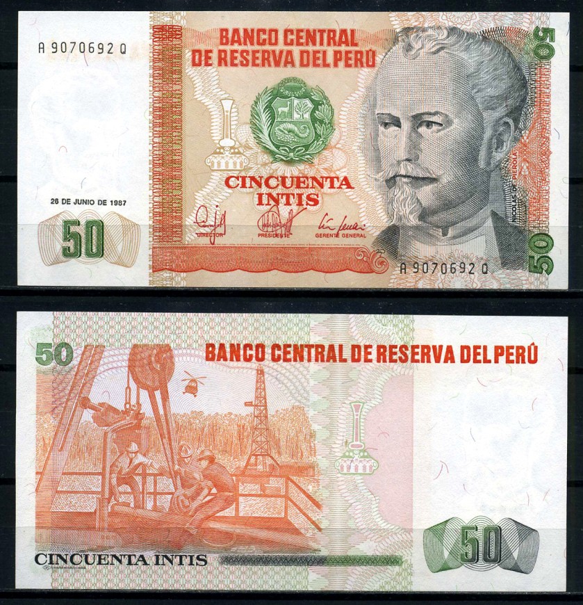 Перу 50 инти 1987 Николас де Пьерола, президент Pick 131 b бумага UNC (пресс) 8621-34-2-1