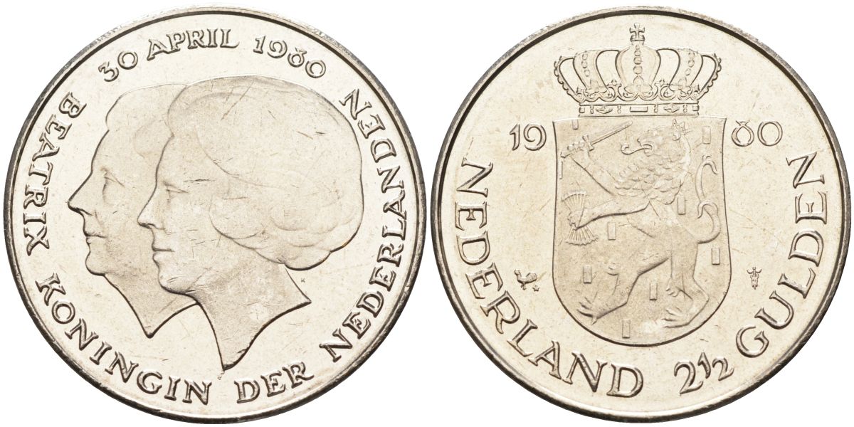 Нидерланды 2 1/2 гульдена 1980 коронация Беатрикс, 30 апреля 1980 KM 201 никель 4593-615
