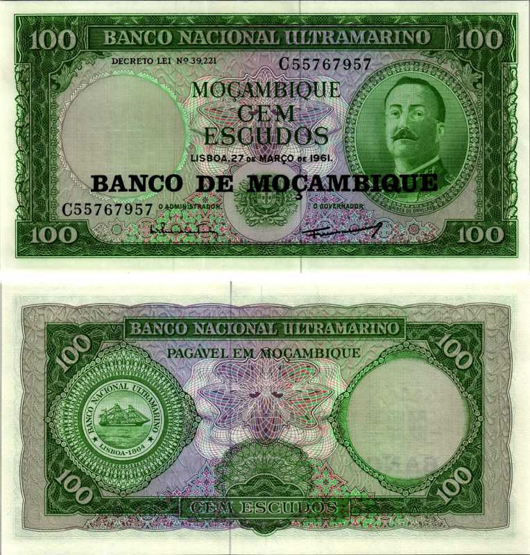 Мозамбик 100 эскудо 1961 (1976) надпечатка на 1961, Айрес де Орнелас  Pick 117 a бумага UNC (пресс) 7116-47-3-1
