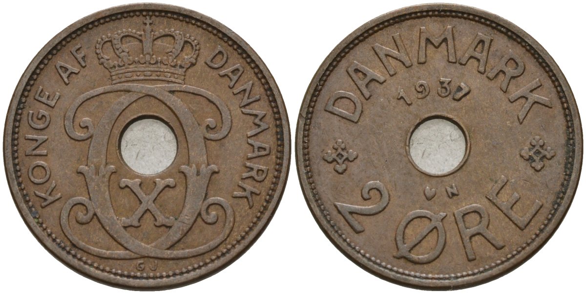 Дания 2 эре 1937 Кристиан X (1912-1947) KM 827 бронза 4147-527