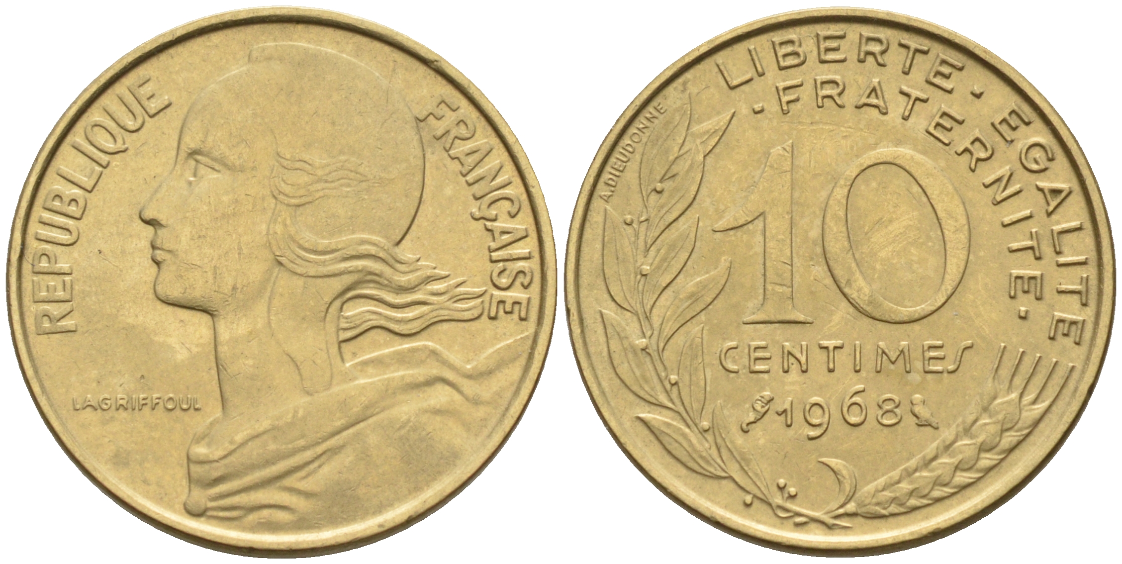 Франция 10 сантимов 1968 тип Марианна KM 929 медь алюминий никель 4594-1156