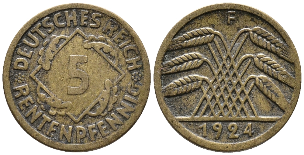 ГЕРМАНИЯ 5 РЕНТЕНПФЕННИГОВ 1924 F KM 32, J. 308 алюминиевая бронза 39-519