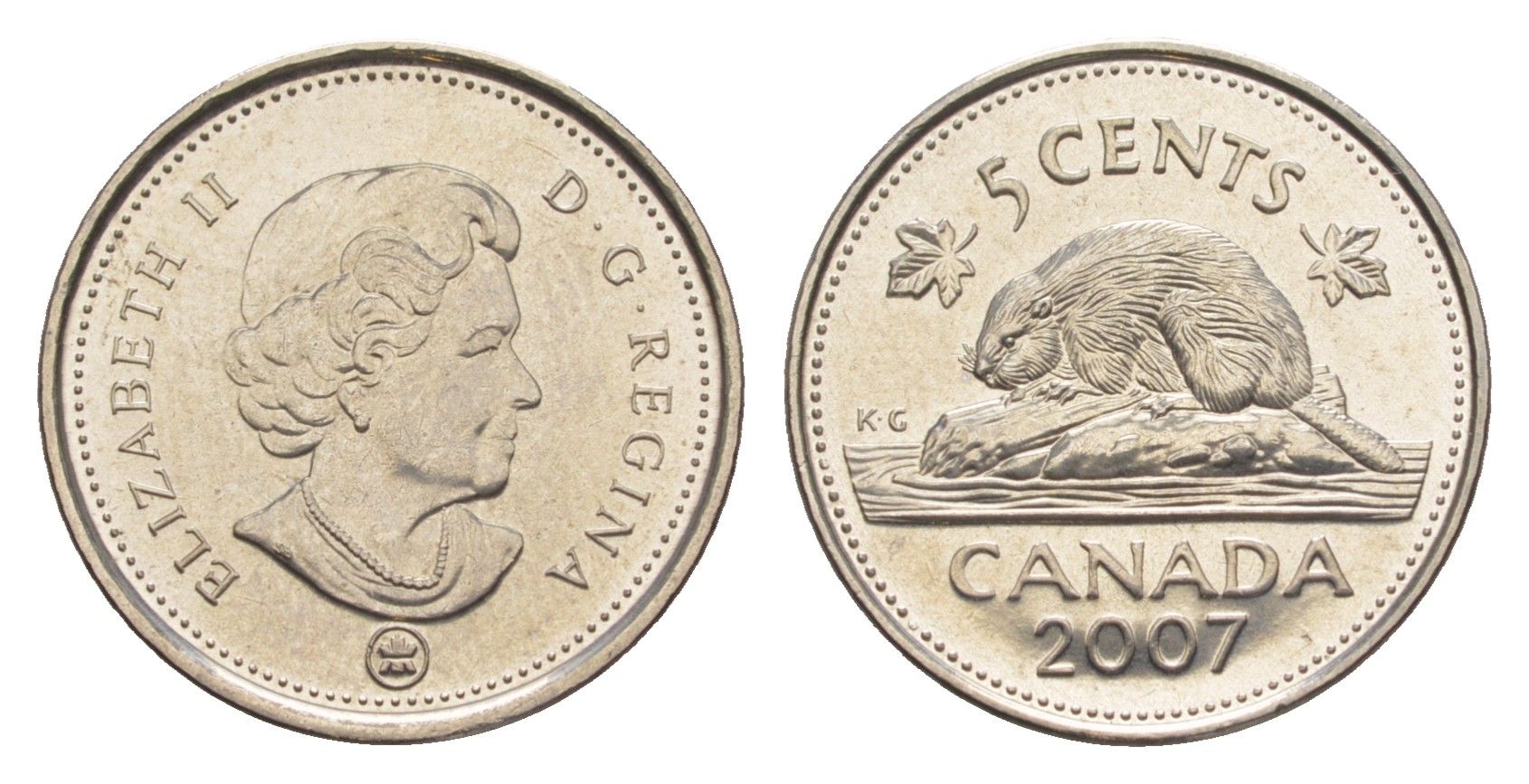 Канада 5 центов 2007 Leaf, Елизавета II (1952-2022), бобр KM 491 сталь плакированная никелем UNC 4636-632