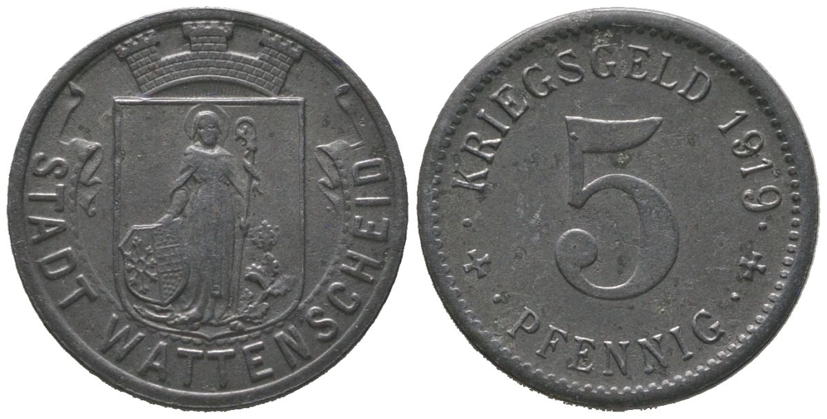 Ваттеншайд (Пруссия, Вестфалия) 5 пфеннигов 1919 Funck 579.3, Men05 26150.3, Men18 32900.3 железо 4380-1045