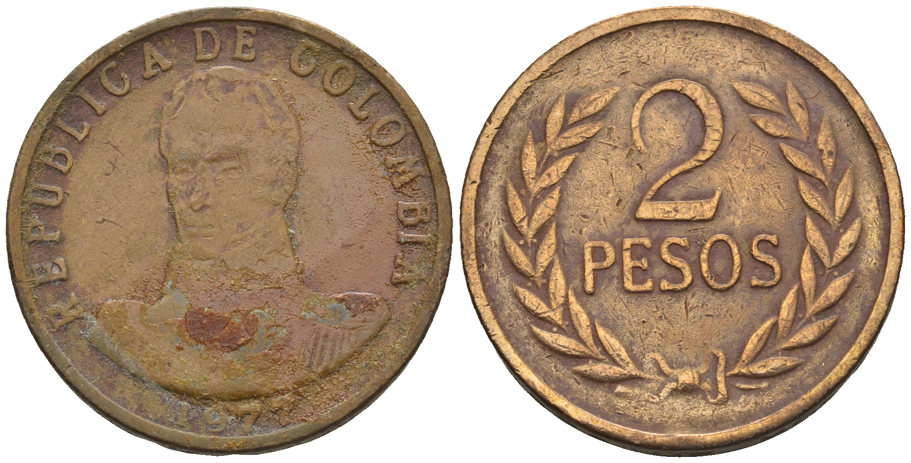 Колумбия 2 песо 1977 Симон Боливар KM 263 бронза 4610-255