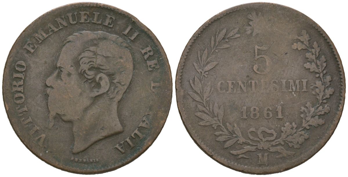 Италия 5 чентезимо 1861 M, Виктор Эммануил II (1861-1878) KM 3.2 бронза 113-145