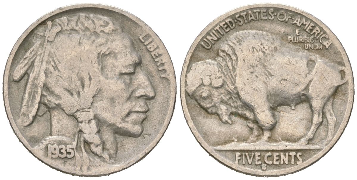 США 5 центов 1935 S, индеец, бизон KM 134 медно-никель 4614-1226