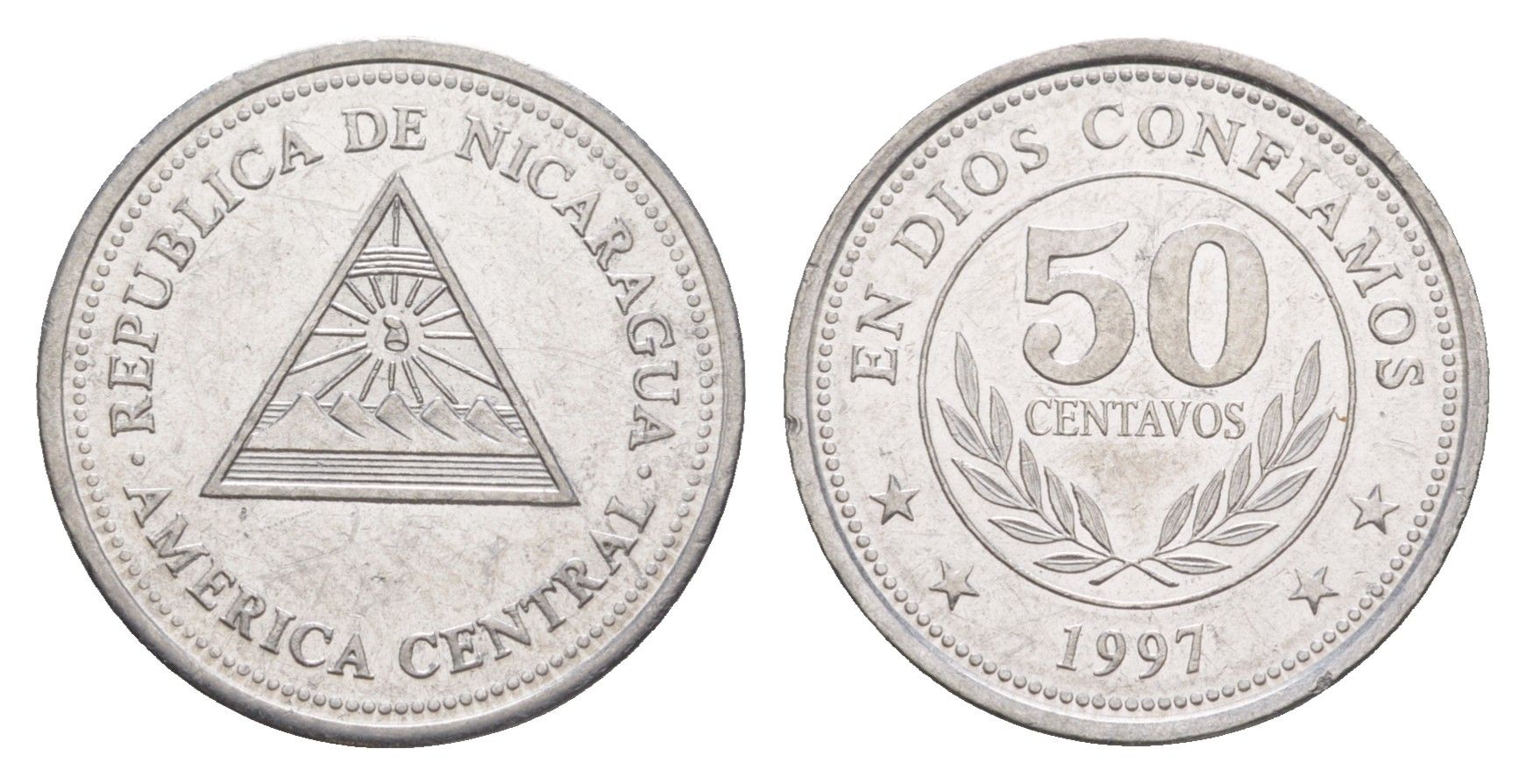 Никарагуа 50 сентаво 1997 KM 88 хромированная сталь UNC 4640-1043