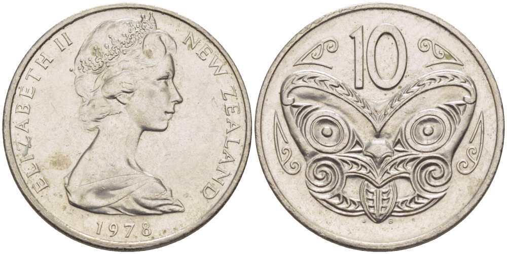 Новая Зеландия 10 центов 1978 Елизавета II (1952-2022), маска маори KM 41.1 медно-никель 210-1125