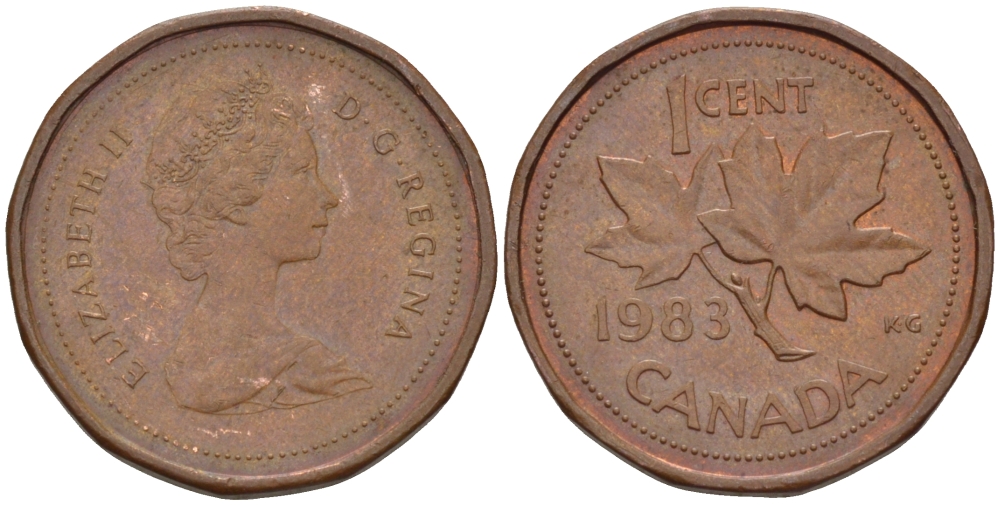 КАНАДА 1 ЦЕНТ 1983 КЛЕНОВЫЙ ЛИСТ, ЕЛИЗАВЕТА II KM 132 бронза 57-1258
