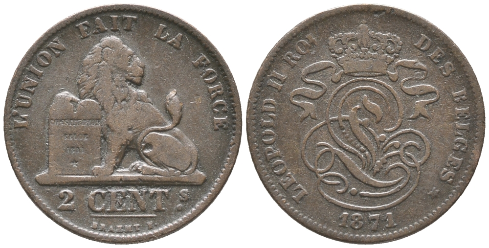 БЕЛЬГИЯ 2 САНТИМА 1871 KM 35.1 медь 34-337