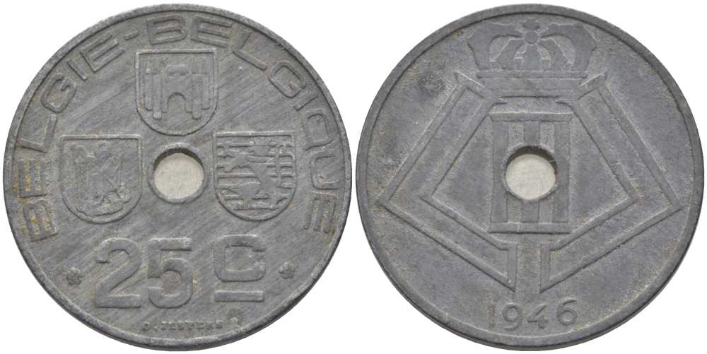 БЕЛЬГИЯ 25 САНТИМОВ 1946 BELGIE-BELGIQUE, ГЕРМАНСКАЯ ОККУПАЦИЯ, ВТОРАЯ МИРОВАЯ ВОЙНА, ЛЕОПОЛЬД III (1934-1950) KM 132 цинк 119-413