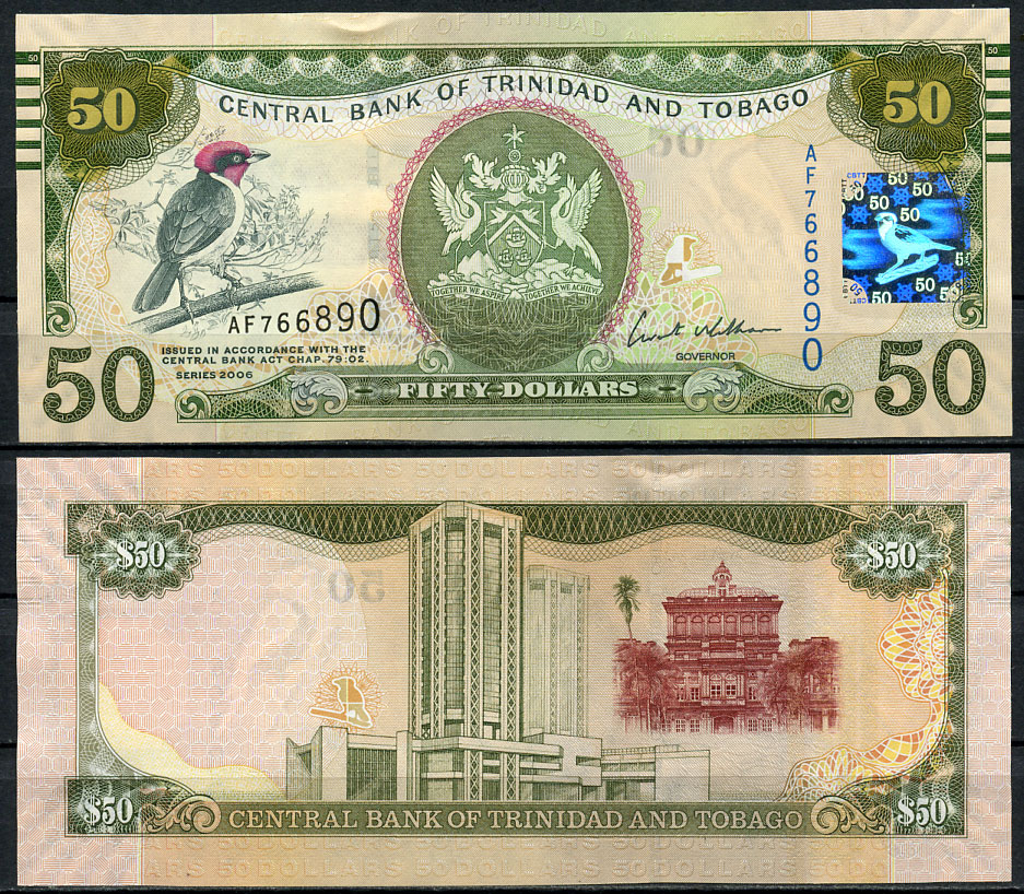 Тринидад и Тобаго 50 долларов 2006 птица кардинал, Центральный банк Pick 50 бумага UNC (пресс) 447-84-1