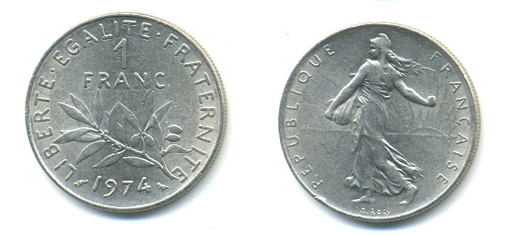 ФРАНЦИЯ 1 ФРАНК 1974 СЕЯТЕЛЬ KM 925.1 никель 57-235
