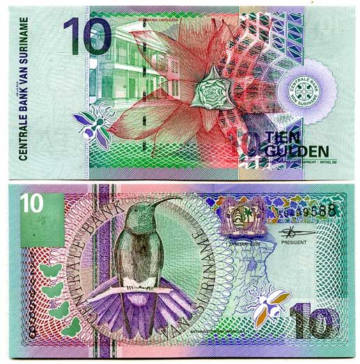 Суринам 10 гульденов 2000 колибри-манго, цветок Pick 147 бумага UNC (пресс) 447-77-1