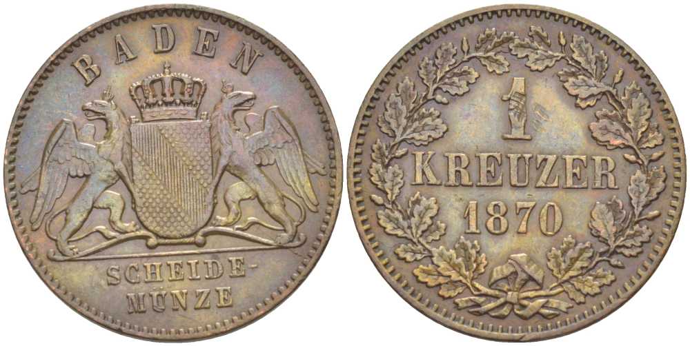 Баден 1 крейцер 1870 Великий Герцог Фридрих I (1856-1907) КМ 242 медь 117-841