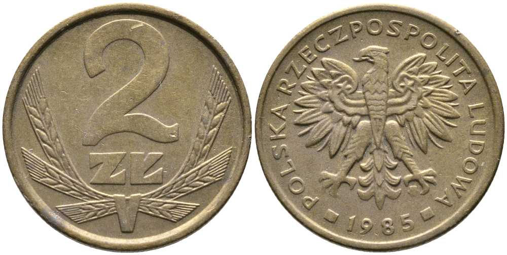 ПОЛЬША 2 ЗЛОТЫХ 1985 MW KM 80.1 латунь 110-911