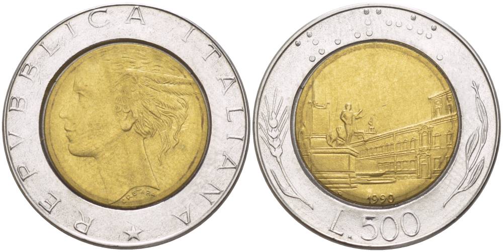 Италия 500 лир 1990 R, Квиринальский дворец в Риме KM 111 биметалл 4551-547