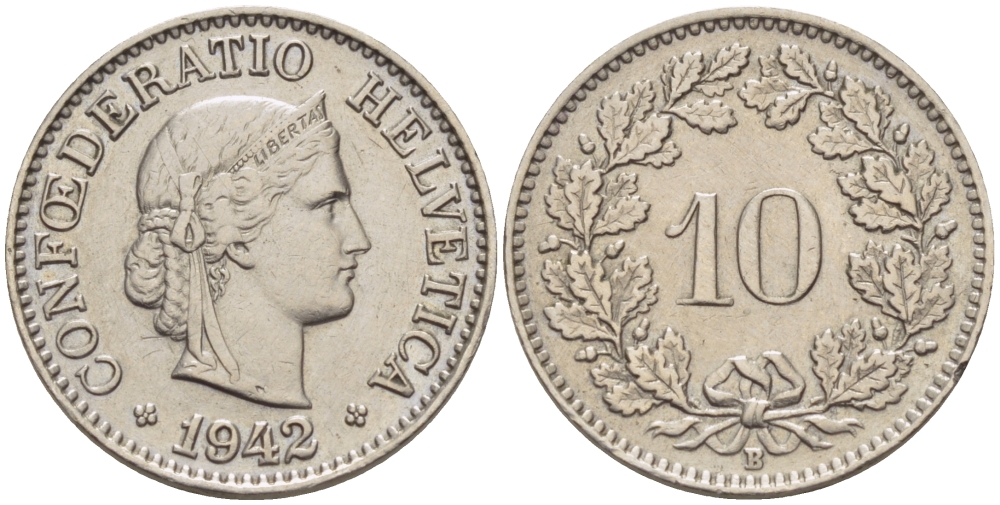 ШВЕЙЦАРИЯ 10 РАППЕНОВ 1942 В KM 27 медно-никель 31-1222