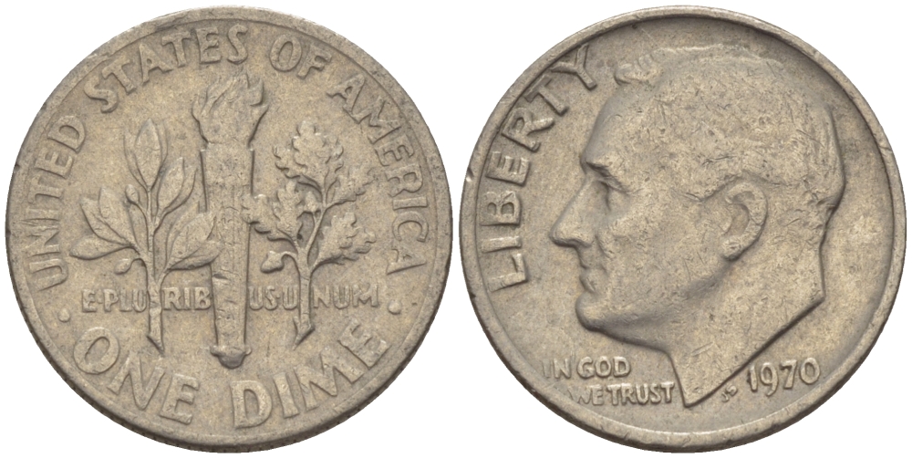 США 10 ЦЕНТОВ = 1 ДАЙМ 1970 РУЗВЕЛЬТ KM 195а медь плакированная медно-никелем 66-1115