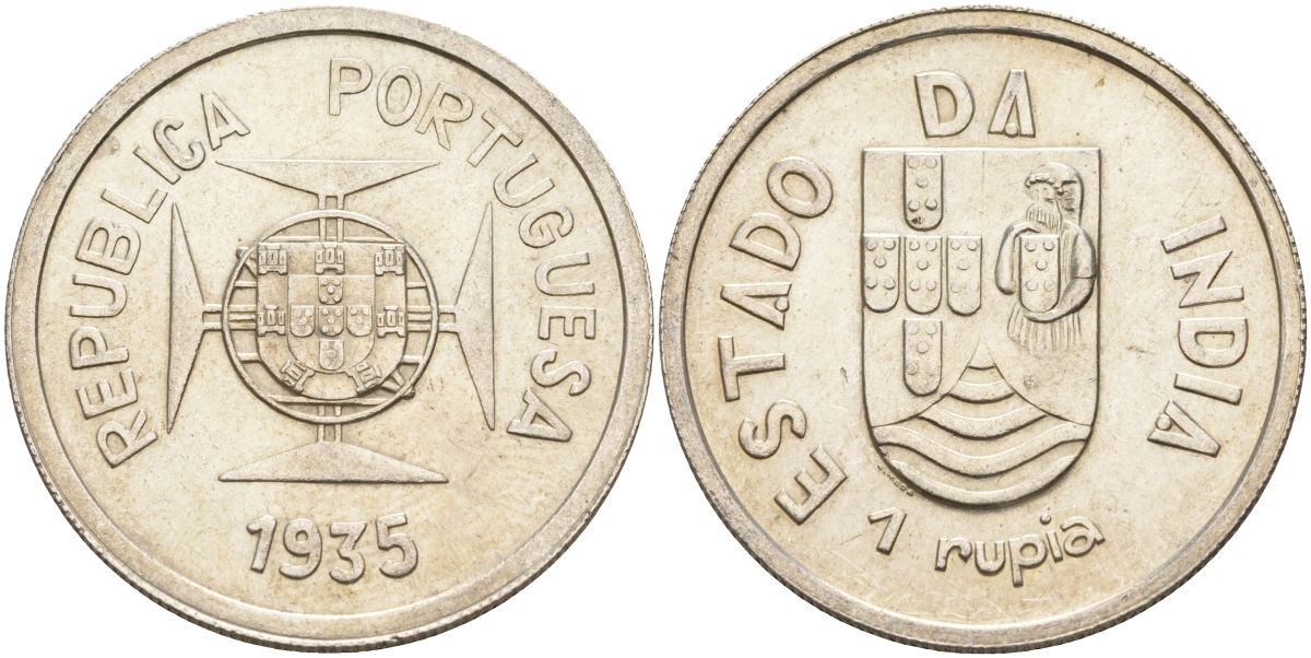 Португальская Индия 1 рупия 1935 мальтийский крест KM 22 серебро 1529-1222