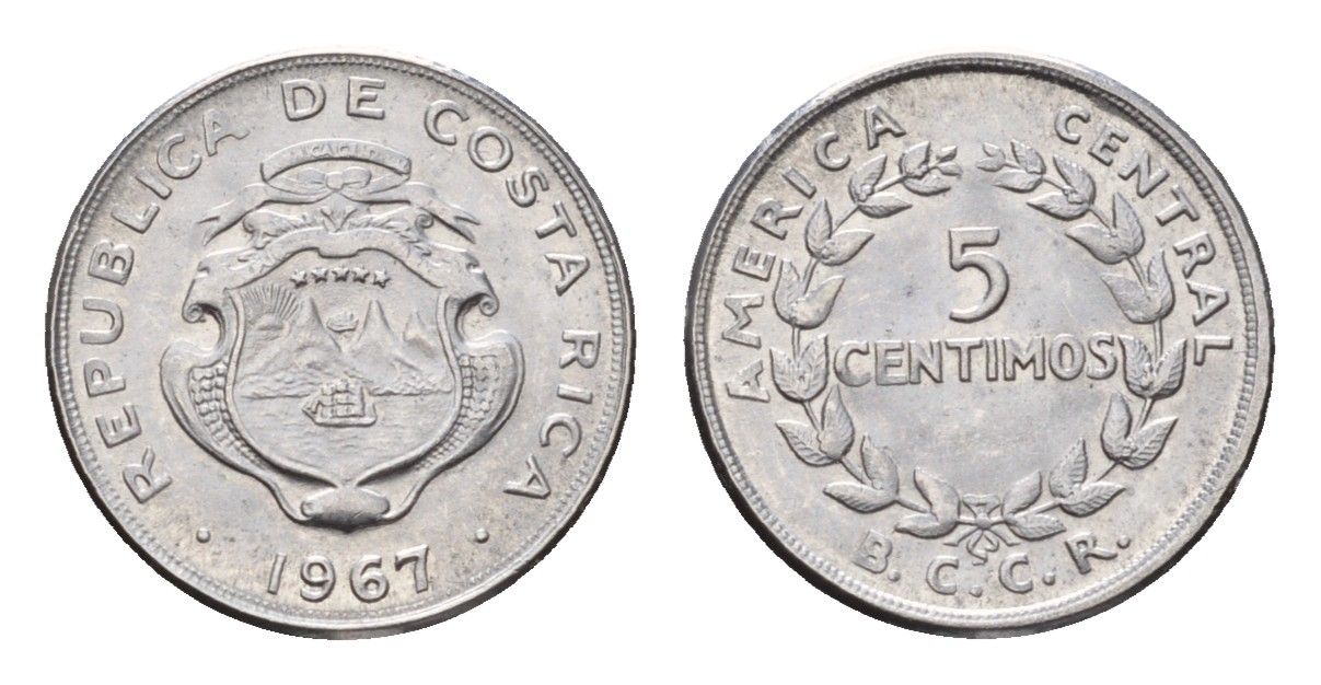 Коста-Рика 5 сентимо 1967 KM 184.1a нержавеющая сталь UNC 4690-851