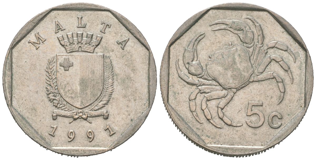Мальта 5 центов 1991 краб KM 95 медно-никель 192-1236