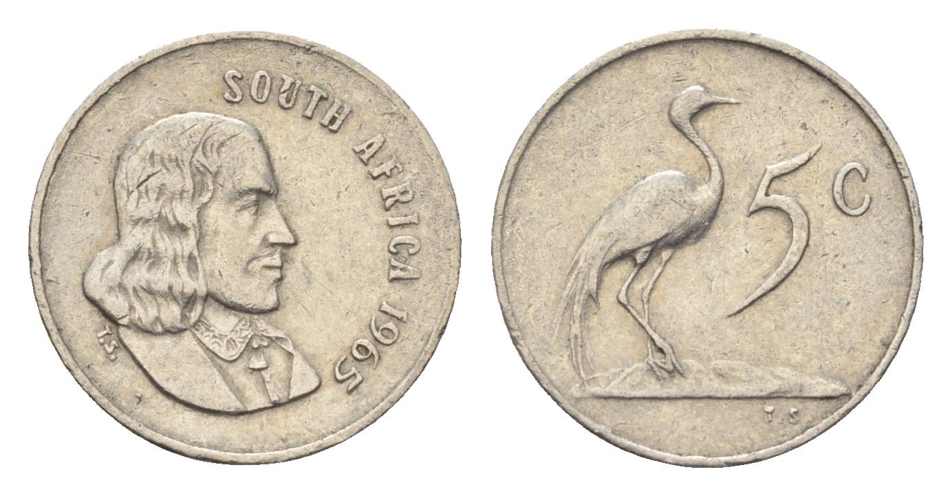 ЮАР 5 центов 1965 Ян ван Рибек (1619-1677), South Africa, легенда на англинском, райский журавль KM 67.1 никель 4702-848