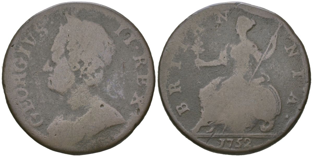Великобритания 1/2 пенни 1752 Георг II (1727-1760) KM 579.2, Spink 3719 медь 4590-716