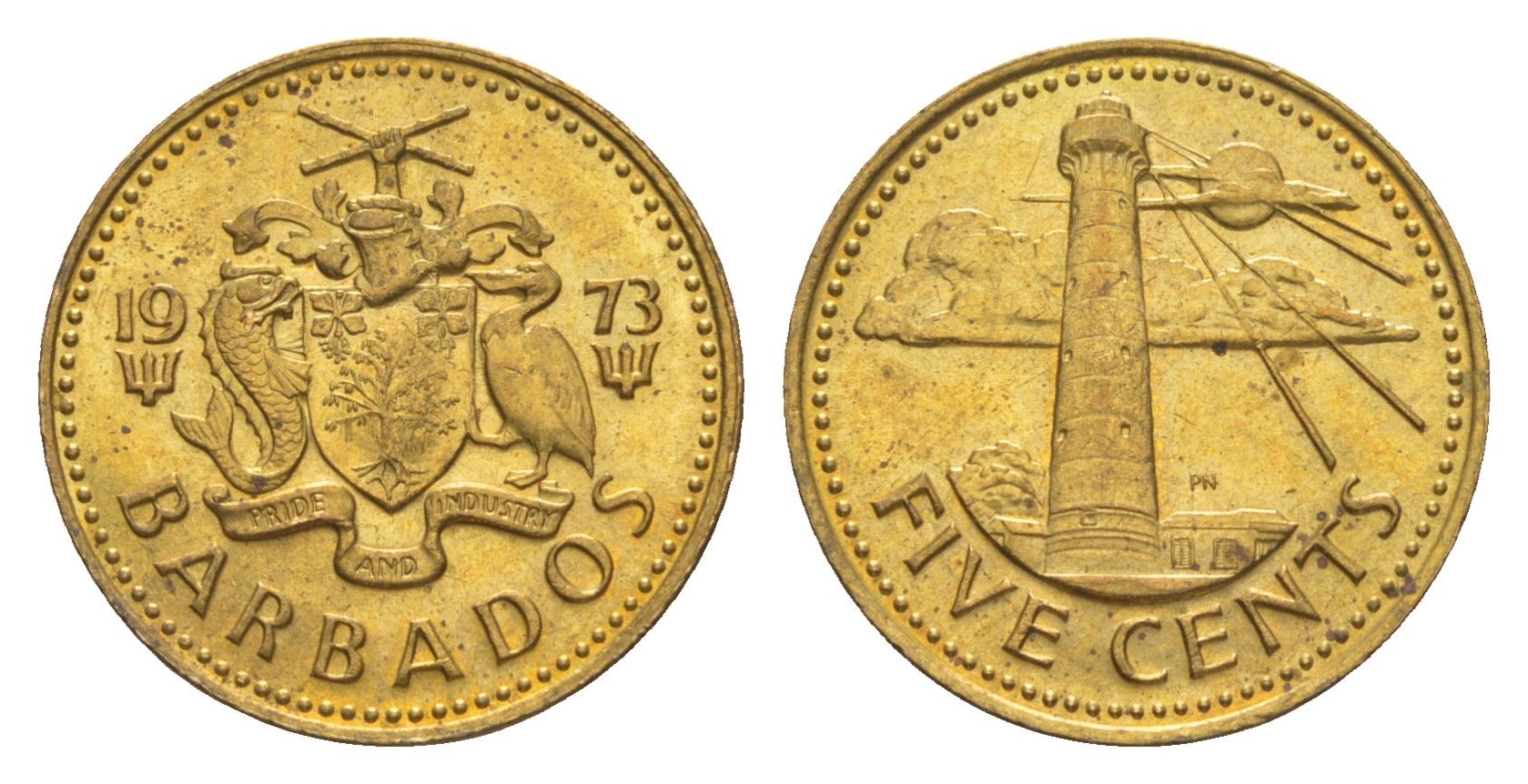 Барбадос 5 центов 1973 маяк Саут-Пойнт KM 11 латунь UNC 4649-621