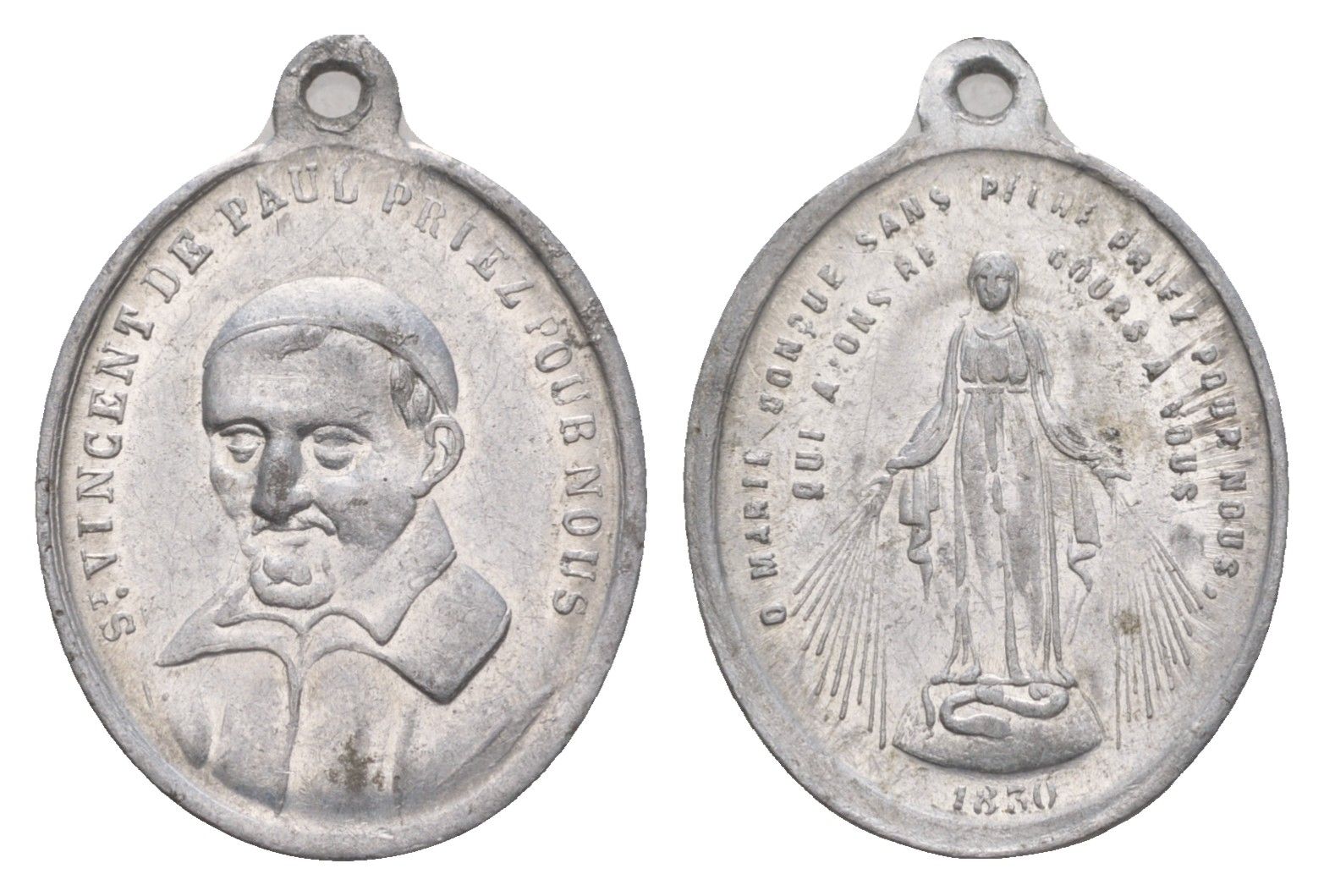 Франция религиозный медальон с изображением Викентия де Поля 1830 Дева Мария, размер 22,5x18 мм, вес 0,62 гр алюминий 4655-221